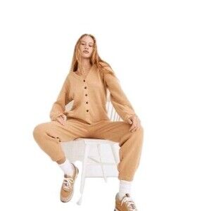 Madewell Butterterry Coverall Jumpsuit Womens S Dried Straw Tan Cozy Loungewear